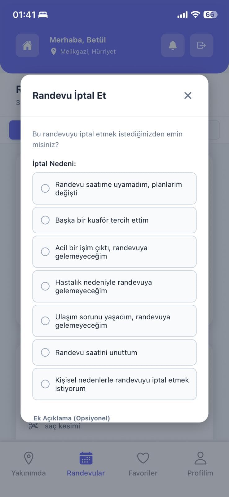 Kuafrand randevu iptal nedenleri ekranı