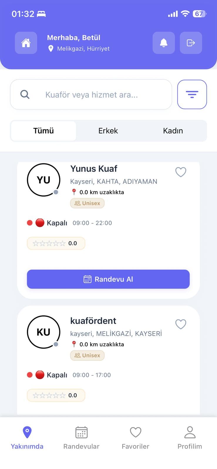 Kuafrand yakınındaki kuaförleri listeleme ekranı