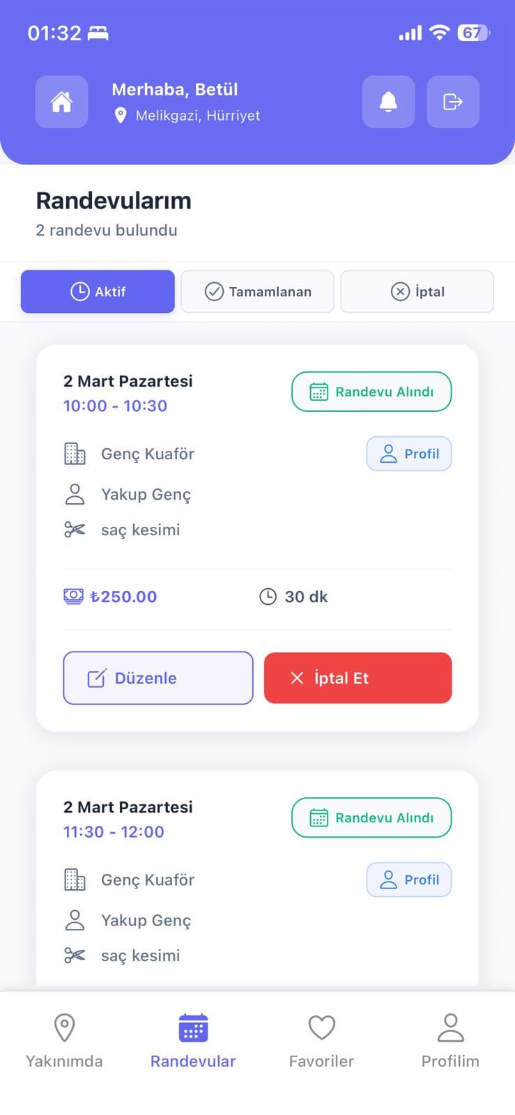 Kuafrand randevu listesi ekranı