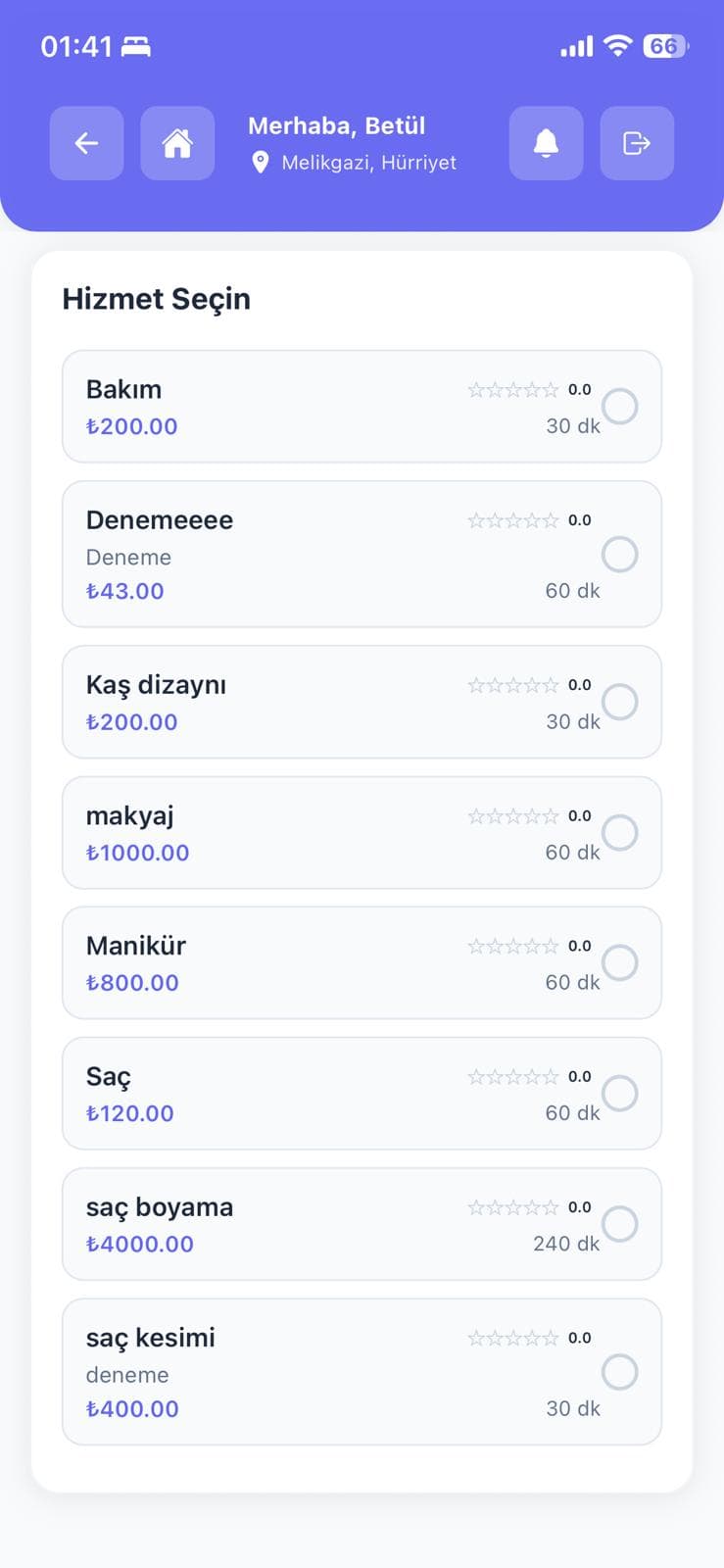 Kuafrand randevu için hizmet seçim ekranı