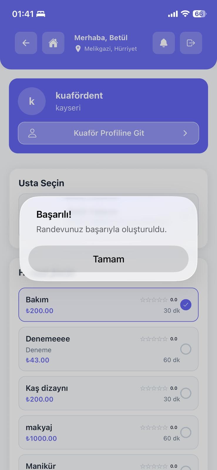 Kuafrand randevu başarılı oluşturma ekranı